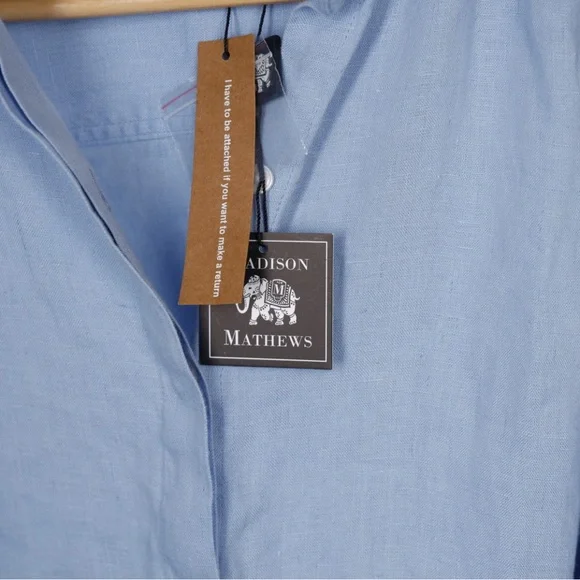 Madison Mathews 100% Linen Light Blue Maxi Shirt Dress with Tie Medium NWT - Picture 3 of 11